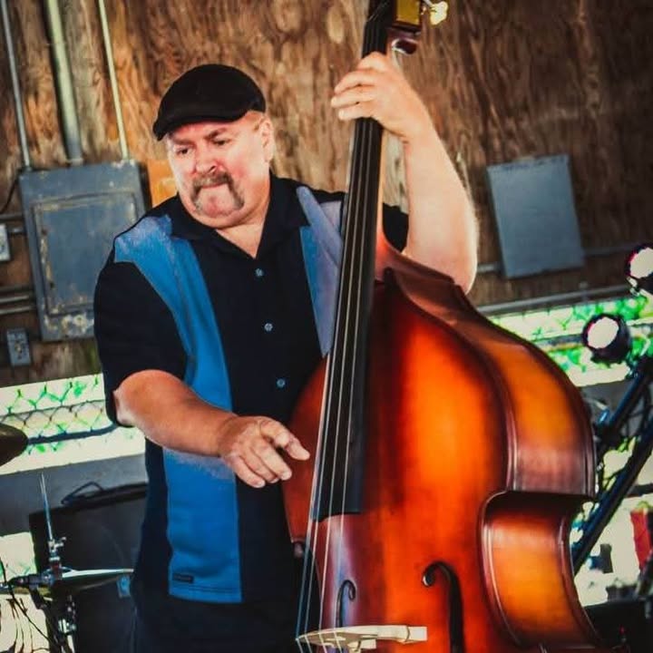 Upright bass player performing on stage
